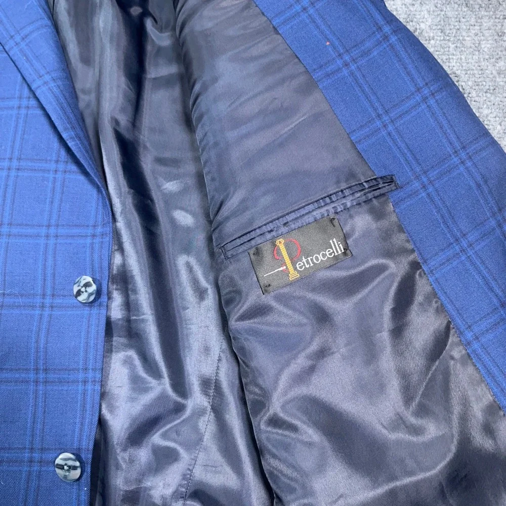 Petrocelli Soren Sport Coat Mens 46L Plaid 100% Wool Blue Glen Check Blazer Work